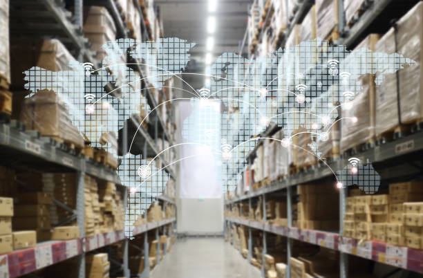 istock interior of warehouse. Rows of shelves with boxes 950510410