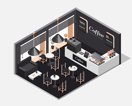 Vector isometric illustration of interior of coffee shop. Coffee house with a coffee machine, tables, sofa, snacks and sweets. Design the concept of interior cafe. Coffee to go.