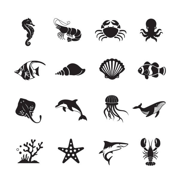 Sea Life and Ocean animals icon Sea Life and Ocean animals icon, set of 16 editable filled, Simple clearly defined shapes in one color. marine life stock illustrations