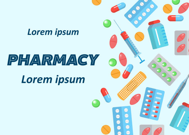 ilustraciones, imágenes clip art, dibujos animados e iconos de stock de iconos planos de cartel de farmacia - pharmacy commercial sign painkiller medicine