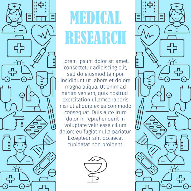 Medical research pattern Medical research pattern with flat line icons of doctor ambulance medical equipment clinic symbols for design website print media vector illustration. Medical concept frame with place for text nurse borders stock illustrations