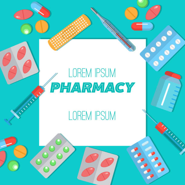 ilustraciones, imágenes clip art, dibujos animados e iconos de stock de cartel de farmacia con iconos flat - pharmacy commercial sign painkiller medicine