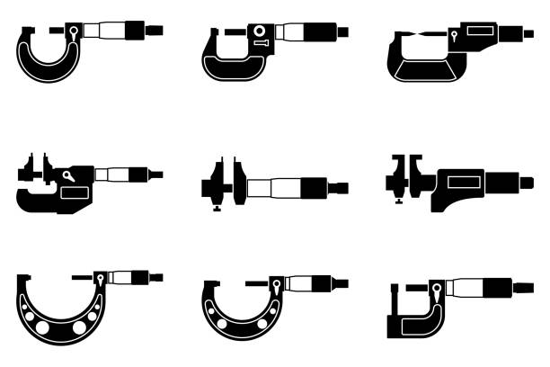 zestaw różnych typów urządzeń pomiarowych. mikrometr zewnętrzny i wewnętrzny. wektor sylwetki - micrometer stock illustrations