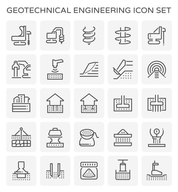 geotechnical engineering icon Geotechnical engineering and soil testing icon set. drill stock illustrations