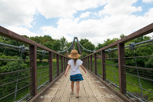 Little girl across the suspension bridge