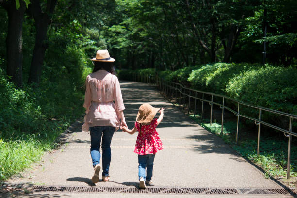 Mother and daughter walking in the park