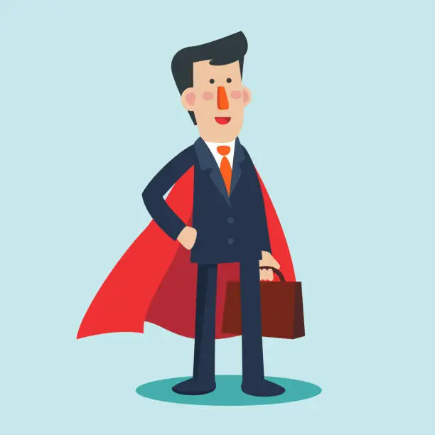 Vector illustration of Super Businessman. Cartoon superhero standing with cape waving in the wind. Successful hero businessman. Success, leadership and victory in business vector concept. Young entrepreneur in a superman