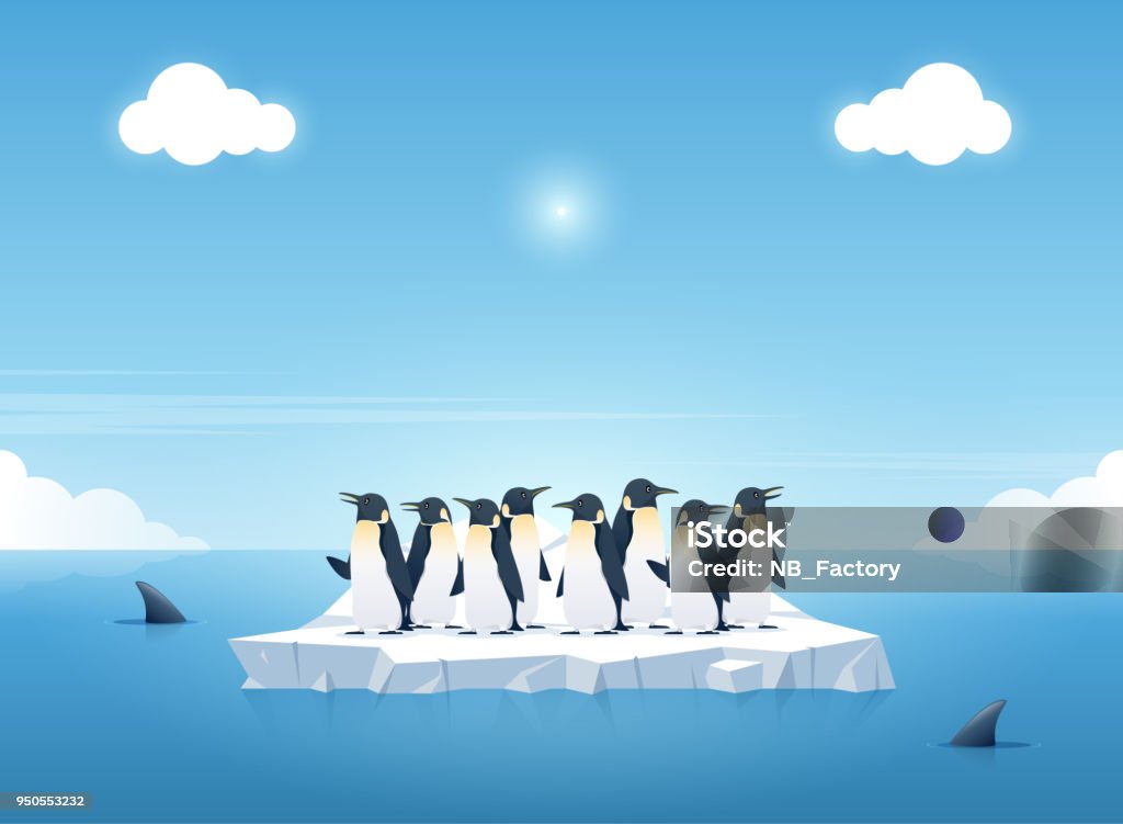 Group of the penguins on a piece of iceberg among killer whales in the ocean. Whales swim in the ocean. Summer background concept. Vector illustration. An illustration set for your web page, presentation, & design products.
Fully scalable &  Vector illustration. Wallpaper, posters, banners, greeting card, wallpaper, flyers, invitation, brochure. Penguin stock vector