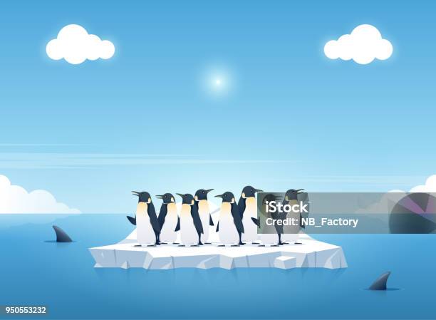 Group Of The Penguins On A Piece Of Iceberg Among Killer Whales In The Ocean Whales Swim In The Ocean Summer Background Concept Vector Illustration Stock Illustration - Download Image Now