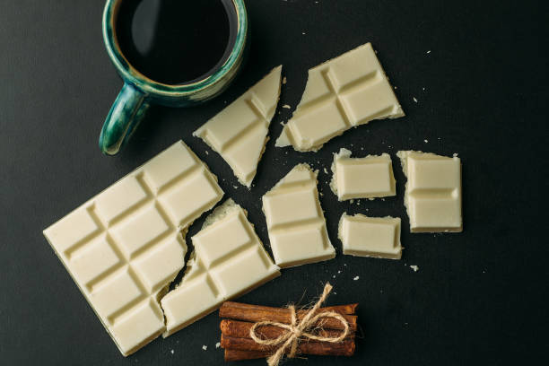 istock Cup of coffee, broken white chocolate bar and stack of cinnamon on black table, top view. Tasty energy calorie food 950554166