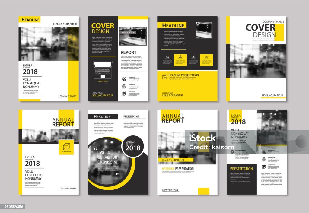 Set of yellow cover and layout brochure, flyer, poster, annual report, design templates. Use for business book, magazine, presentation, portfolio, corporate background. Plan - Document stock vector