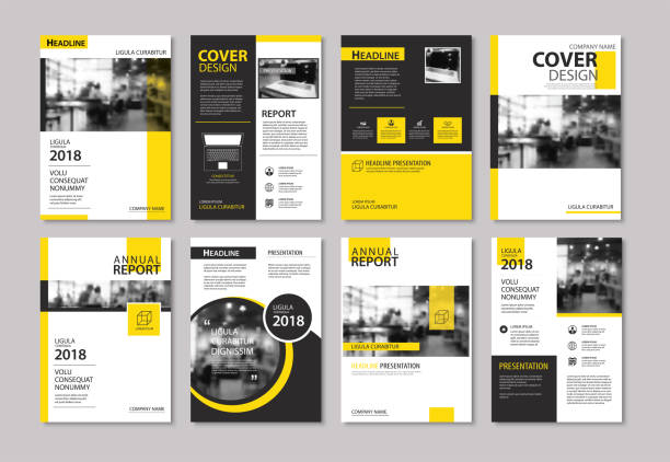 Set of yellow cover and layout brochure, flyer, poster, annual report, design templates. Use for business book, magazine, presentation, portfolio, corporate background. Set of yellow cover and layout brochure, flyer, poster, annual report, design templates. Use for business book, magazine, presentation, portfolio, corporate background. brochure template stock illustrations