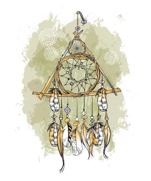 illustrazioni stock, clip art, cartoni animati e icone di tendenza di illustrazione vettoriale con catcher da sogno disegnato a mano e macchie ad acquerello. piume e perline. - dreamcatcher symbol mystery catching