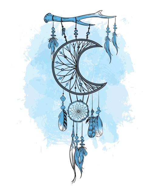 ilustraciones, imágenes clip art, dibujos animados e iconos de stock de vector ilustración con atrapasueños dibujado mano y manchas de acuarela. plumas y perlas. - dreamcatcher symbol mystery catching