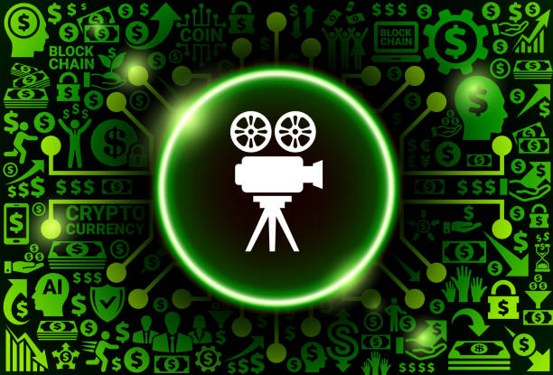 значок кинокамеры на фоне денег и криптовалют - film sprocket technology financial figures stock illustrations