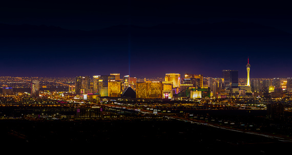 An elevated view of the Las Vegas city skyline.
