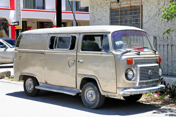 Volkswagen Transporter Tulum, Mexico - May 17, 2017: Old cargo van Volkswagen Transporter in the town street. car transporter truck small car stock pictures, royalty-free photos & images