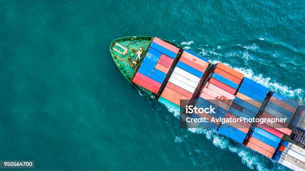 Aerial Top View Container Cargo Ship Business Logistic And Transportation Of International By Ship In The Open Sea Stock Photo - Download Image Now