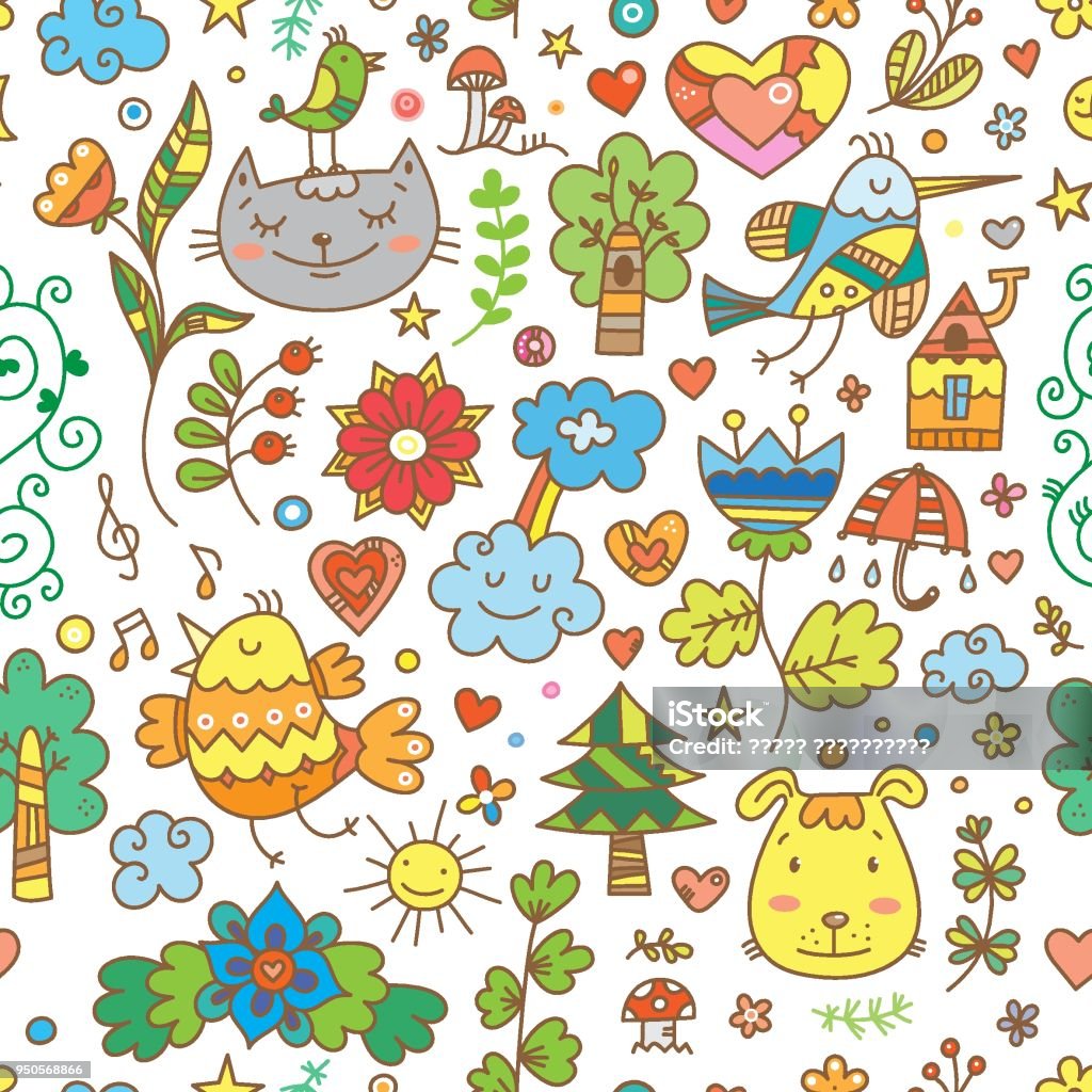 Spring pattern. Seamless pattern with cute cartoon cats, dogs and birds on white  background. Flowers and plants of  spring time. Vector contour doodle style image. Animal stock vector