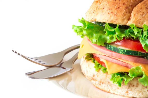 istock the burger sandwiches bread with bacon , ham and cheese with vegetable , healthy breakfast on white background , healthy breakfast food concept 950572620