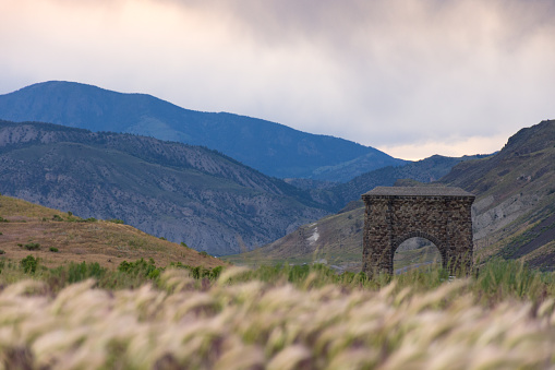 Roosevelt Arch at the North Entrance of Yellowstone National Park  with tall grass in the foreground and mountains behind.
