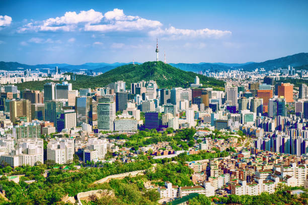 Seoul downtown cityscape with fortress and Namsan Seoul Tower on sunset Seoul, South Korea. Sony south korea photos stock pictures, royalty-free photos & images