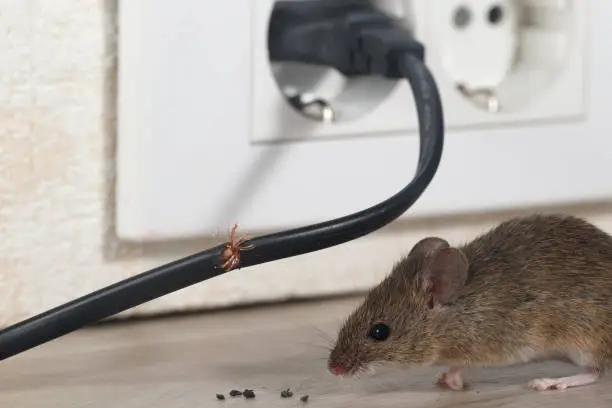 Photo of Closeup mouse sits near chewed wire  in an apartment kitchen on the background of the wall and electrical outlet . Inside high-rise buildings.