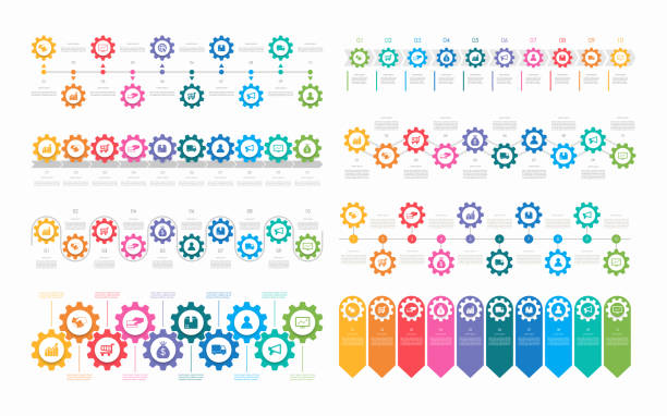 ilustrações de stock, clip art, desenhos animados e ícones de abstract business infographics template with gears and cogwheel timeline diagrams set in white color background - gear wheel arrow sign multi colored