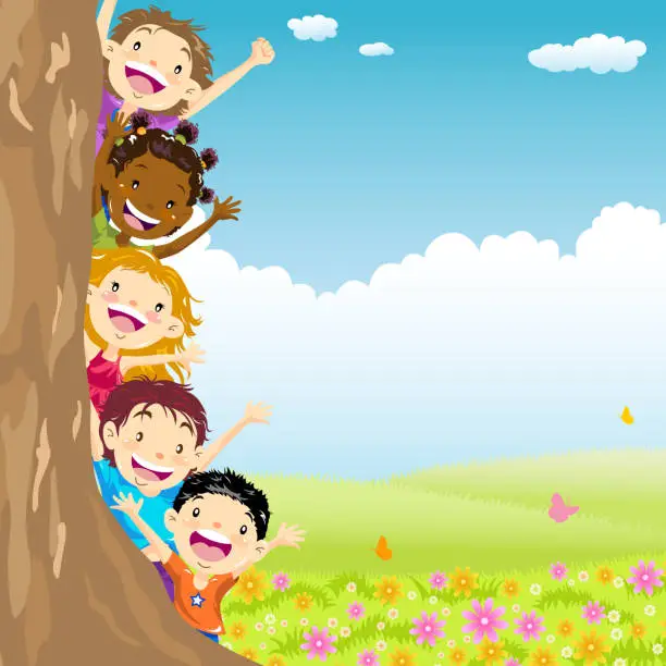 Vector illustration of Multi-Ethnic Kids Hiding Behind Tree