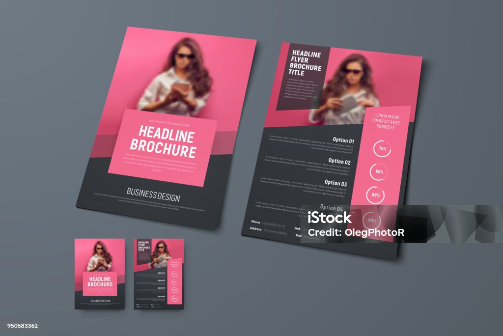 Design the front and back pages of the brochure with pink rectangular elements and a place for photos. Design the front and back pages of the brochure with pink rectangular elements and a place for photos. Template of a black vector flyer for business, advertising and printing. Flyer - Leaflet stock vector