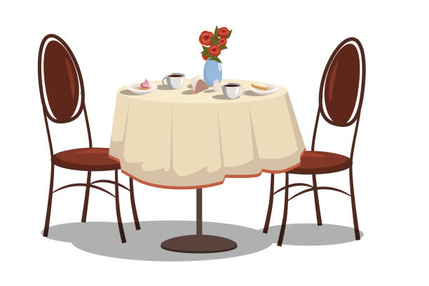 Modern restaurant table with tablecloth, coffe mugs, flowers, and two chairs. Bright colored cartoon vector illustration Modern restaurant table with tablecloth, coffe mugs, flowers, and two chairs. Bright colored cartoon vector banquet chairs stock illustrations