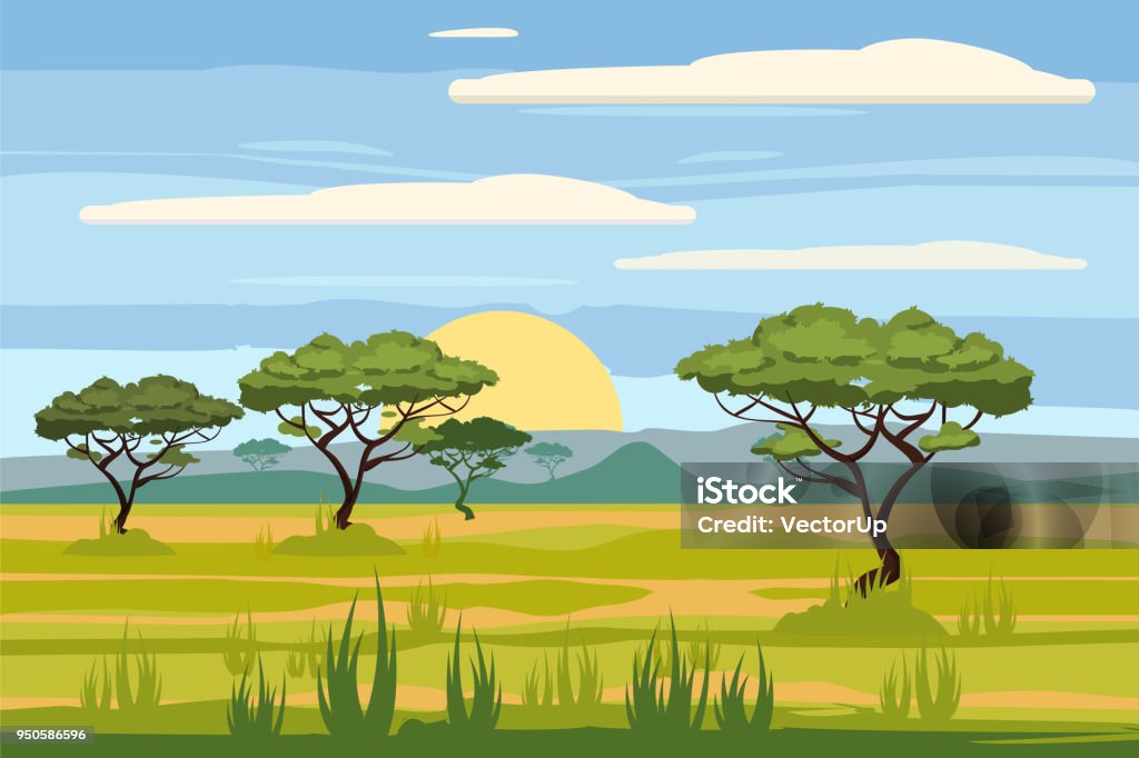 Paisaje africano, sabana, sunset, vector, Ilustración, estilo de dibujos animados, aislado - arte vectorial de África libre de derechos