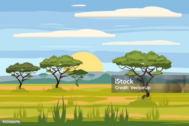 Paysage Africain Savane Coucher De Soleil Vecteur Illustration Style Cartoon Isolé Vecteurs libres de droits et plus d'images vectorielles de Afrique
