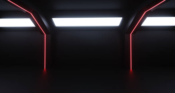 istock 3d rendering of realistic dark sci fi corridor with lights 950587128