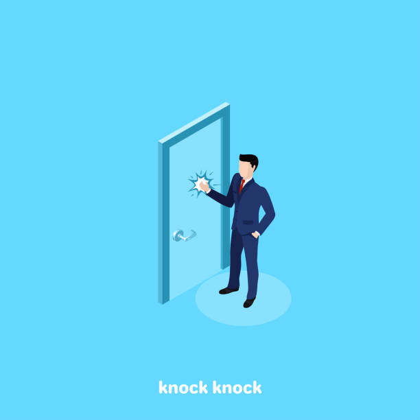 knock knock 2 a man in a business suit is knocking at the door, an isometric image knocking on door stock illustrations