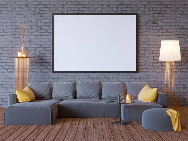 istock mock up poster with vintage hipster loft interior background, 3D illustrator wooden,  work  picture,  portfolio, 950589488