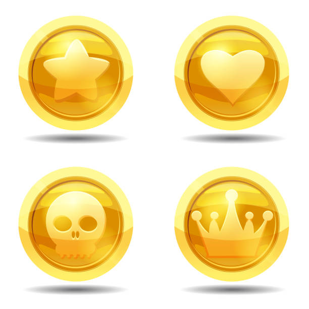 illustrazioni stock, clip art, cartoni animati e icone di tendenza di imposta la moneta di gioco con stella, cuore, scull, corona, interfaccia di gioco, oro, vettore, stile cartone animato, isolato - token gold coin treasure