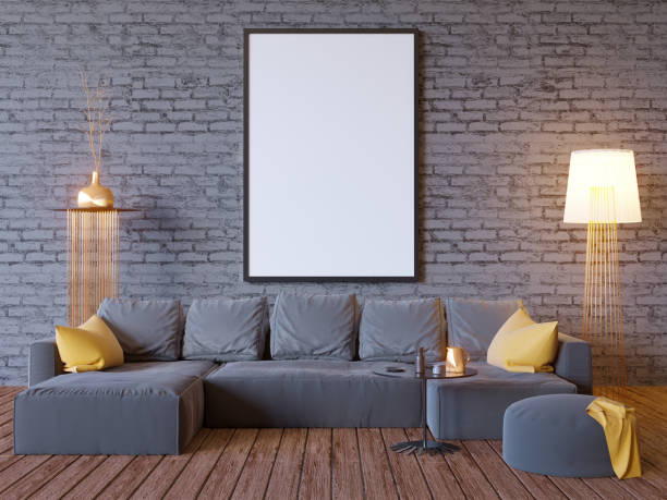 istock mock up poster with vintage hipster loft interior background, 3D illustrator wooden,  work  picture,  portfolio, 950590190