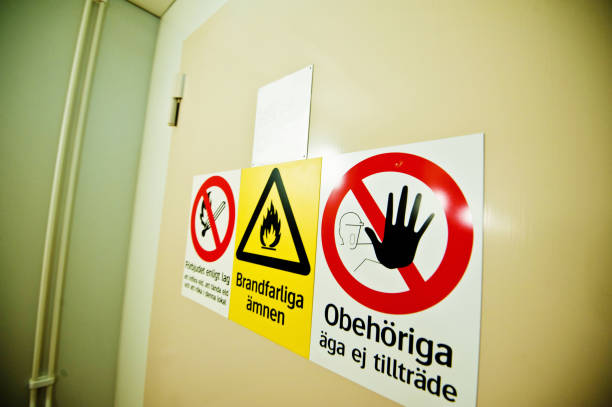 istock No Smoking, Dangerous & Flammable Material And Stop! Unauthorized Access Not Allowed Warning Signs On A Door (in Swedish) 950590276