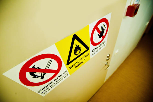 istock No Smoking, Dangerous & Flammable Material And Stop! Unauthorized Access Not Allowed Warning Signs On A Door (in Swedish) 950590418