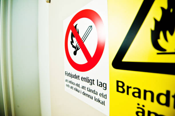 istock No Smoking, Dangerous & Flammable Material Warning Signs On A Door (in Swedish) 950590556