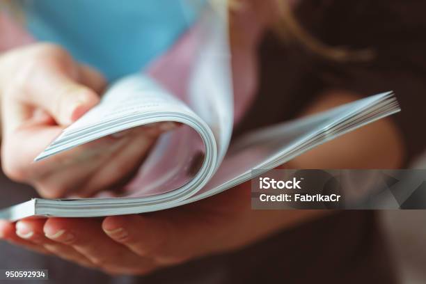 Woman Reading Magazine At Home Stock Photo - Download Image Now - Magazine - Publication, Reading, Women