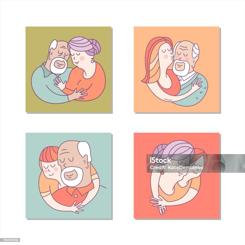 Basic RGB Happy family. Grandparents and grandchildren. Set of vector cliparts. Design elements for the day of the elderly or the day of the family. Day stock vector