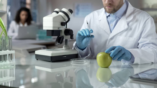 pracownik laboratorium trzymający strzykawkę z cieczą chemiczną do wstrzykiwań w jabłku - genetic modification hormone apple syringe zdjęcia i obrazy z banku zdjęć