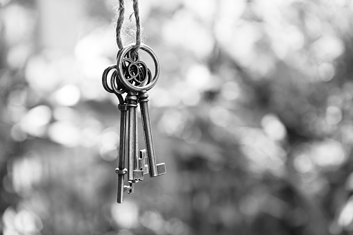 Home key with house keyring hanging with blur garden background, free space, black and white, b&w