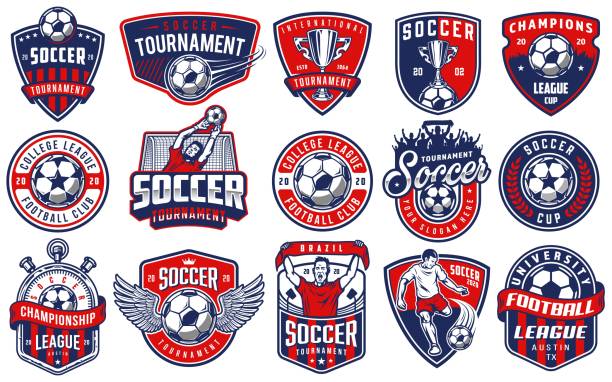 ilustraciones, imágenes clip art, dibujos animados e iconos de stock de conjunto de emblemas de fútbol - soccer logo