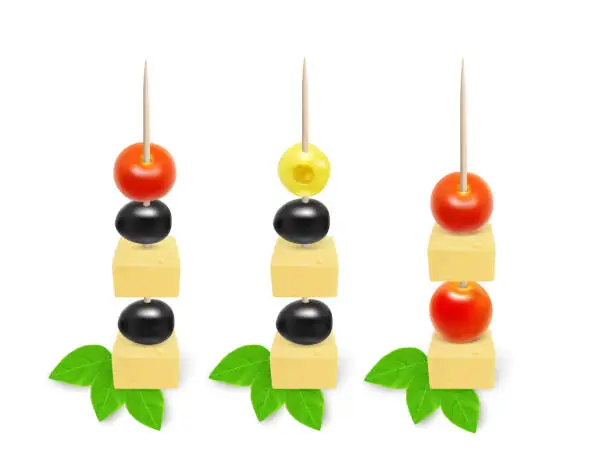 Vector illustration of Appetizers on toothpick. Vegetarian canapes on skewers