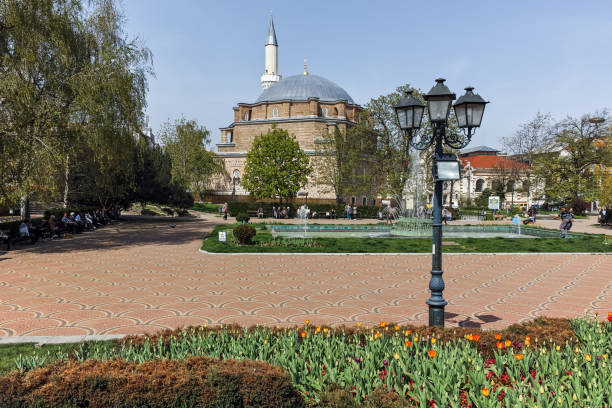 Sofia, Bulgaria - April 13, 2018:  Banya Bashi Mosque and Garden Central Bath in Sofia, Bulgaria