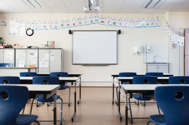 Empty classroom with whiteboard School desk and chairs in empty modern classroom. Empty class room with white board and projector in elementary school. Primary classroom with smartboard and alphabet on wall. empty stock pictures, royalty-free photos & images