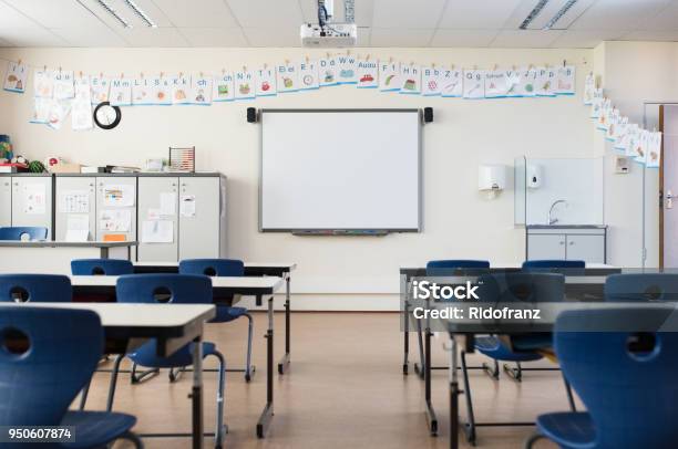 Empty Classroom With Whiteboard Stock Photo - Download Image Now - Classroom, Empty, No People